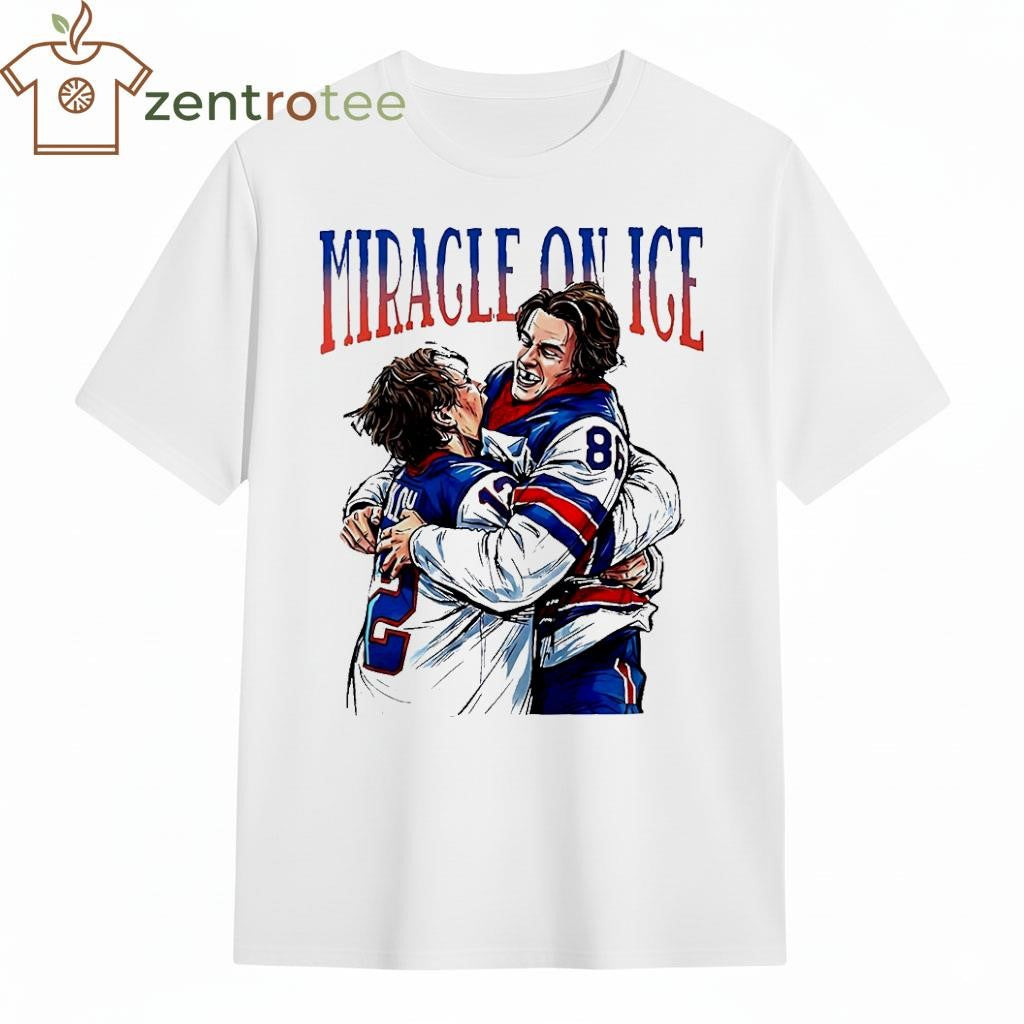Miracle On Ice Mike Eruzione hug Jack Hughes USA Olympic hockey Champion paint tee