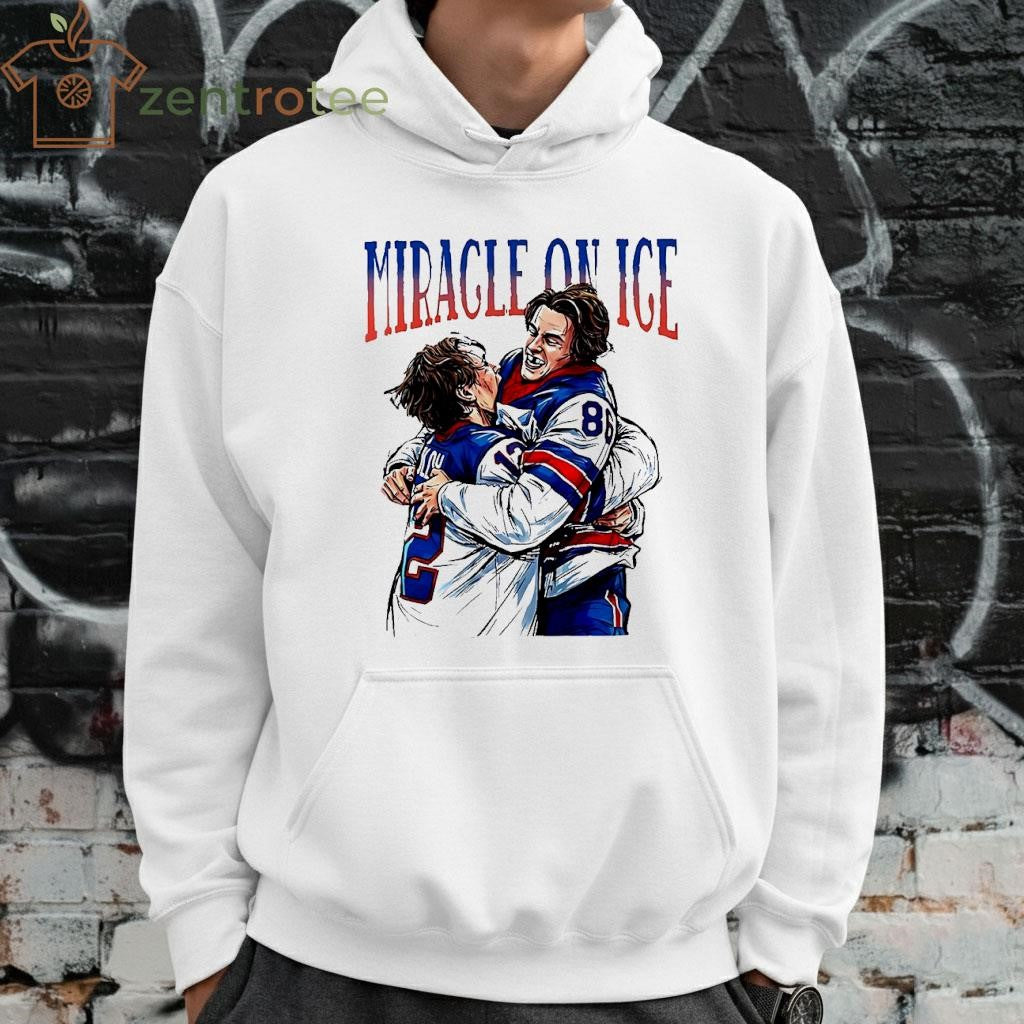 Miracle On Ice Mike Eruzione hug Jack Hughes USA Olympic hockey Champion paint tee