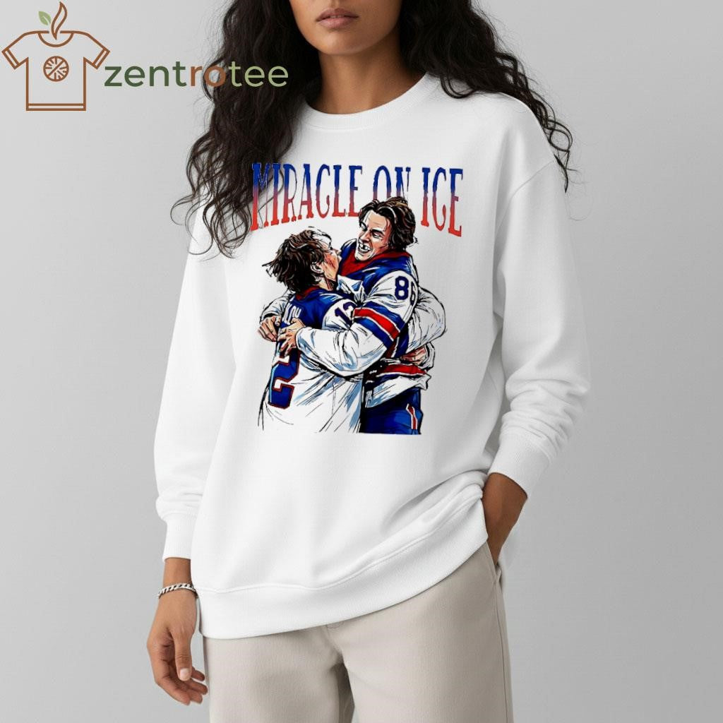 Miracle On Ice Mike Eruzione hug Jack Hughes USA Olympic hockey Champion paint tee