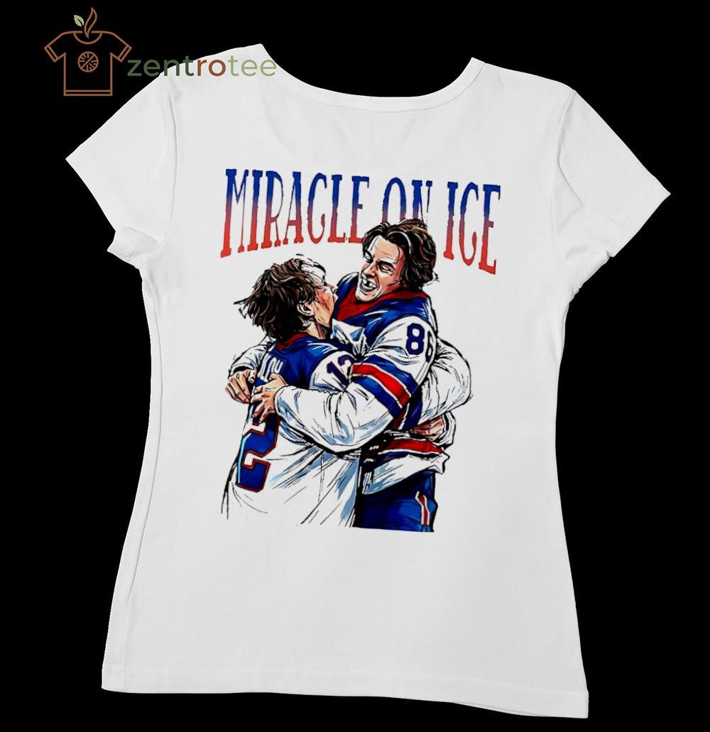 Miracle On Ice Mike Eruzione hug Jack Hughes USA Olympic hockey Champion paint tee
