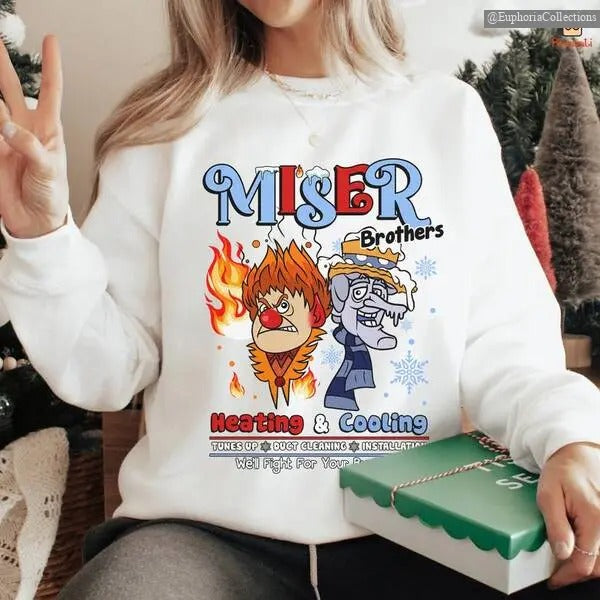 Miser Brothers Heating And Cooling Shirt, Sweater, Hoodie, Miser Brothers Too Much Christmas Shirt, Heat And Snow, Heat...