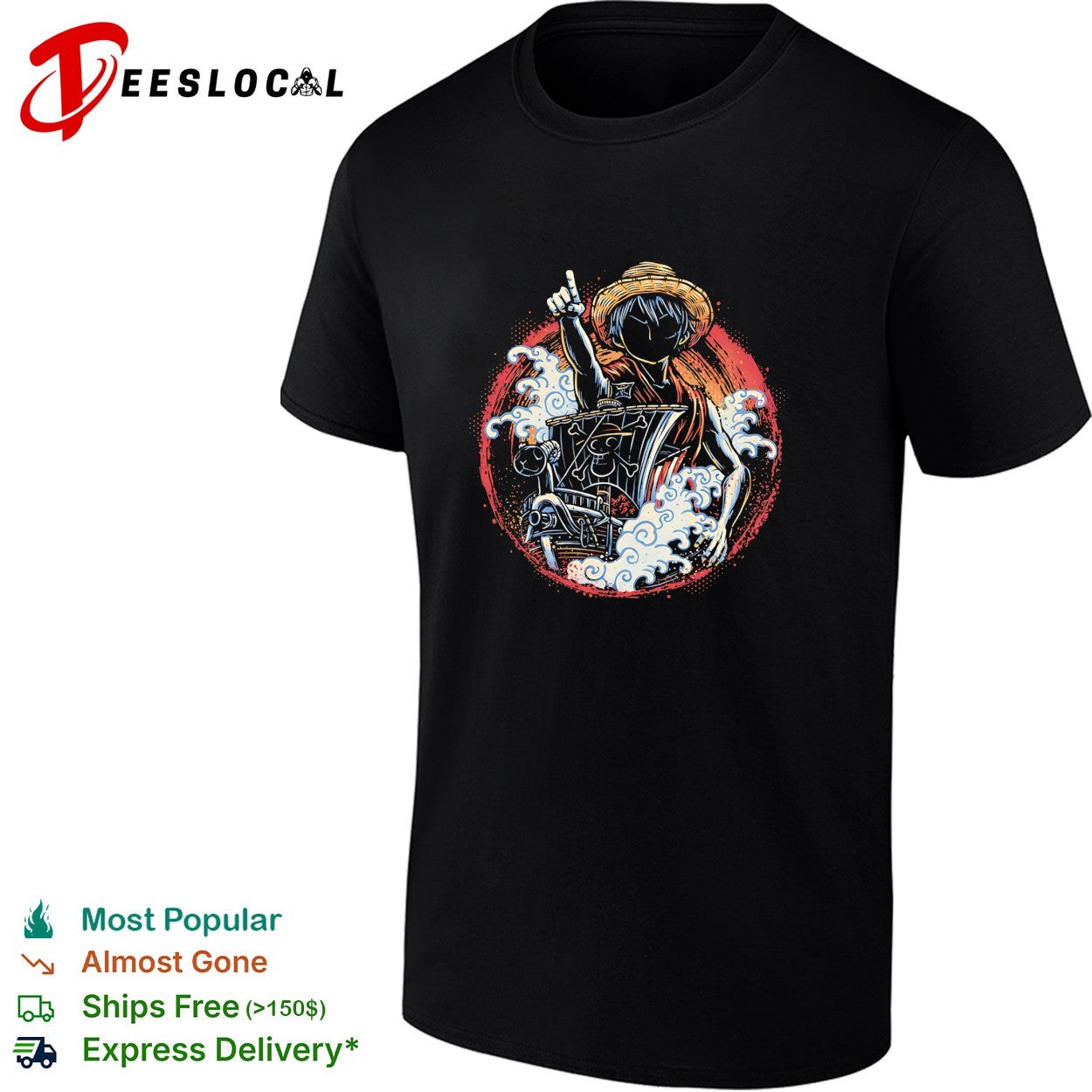 Monkey D Luffy Going Merry One Piece Anime Illustration and Straw Hat Pirate shirt
