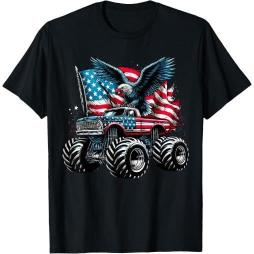 Monster Truck Bald Eagle 4th of July Boys American Flag T-Shirt Made in USA Hoodie, Sweatshirt | TeeBloomCo.com