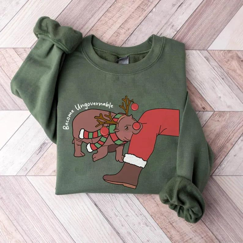 Moo Deng Sweatshirt, Christmas Moo Deng Sweatshirt, Baby Pygmy Hippo Moo Deng Christmas Shirt, Santa Claus Shirt, Funny...