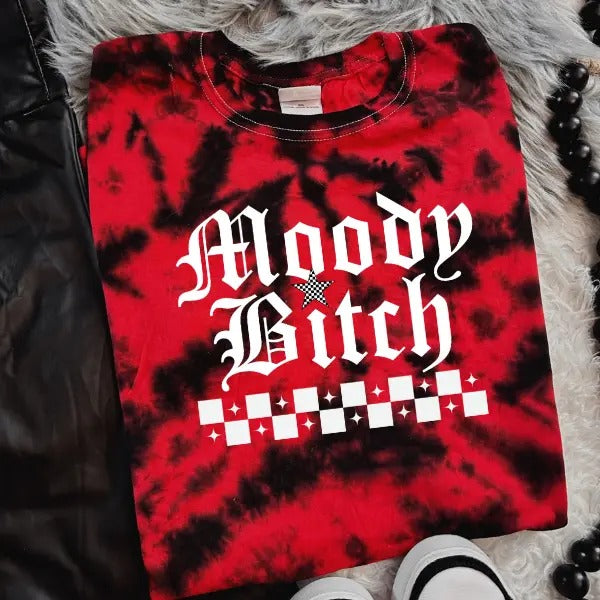 'Moody Bitch' Red & Black Tie Dye Crewneck Sweatshirt, T Shirt, or Hoodie Pullover | Punk Rocker, Alt, Grunge, Goth,...