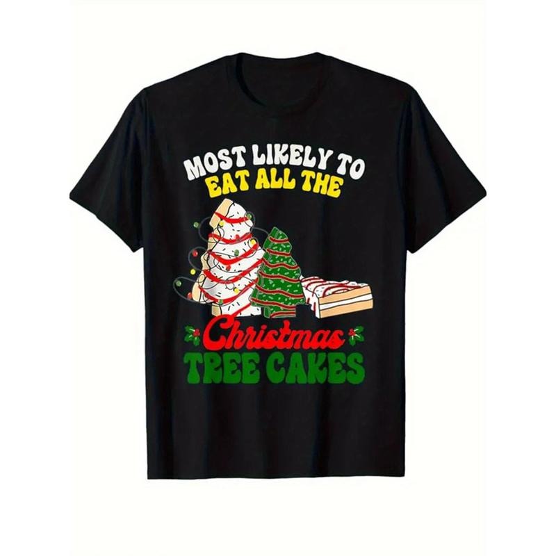 Most Likely To Eat Christmas Tree Cake Christmas Print T-Shirt, Casual Crew Neck Short Sleeve Comfort Tee Top For Spring...