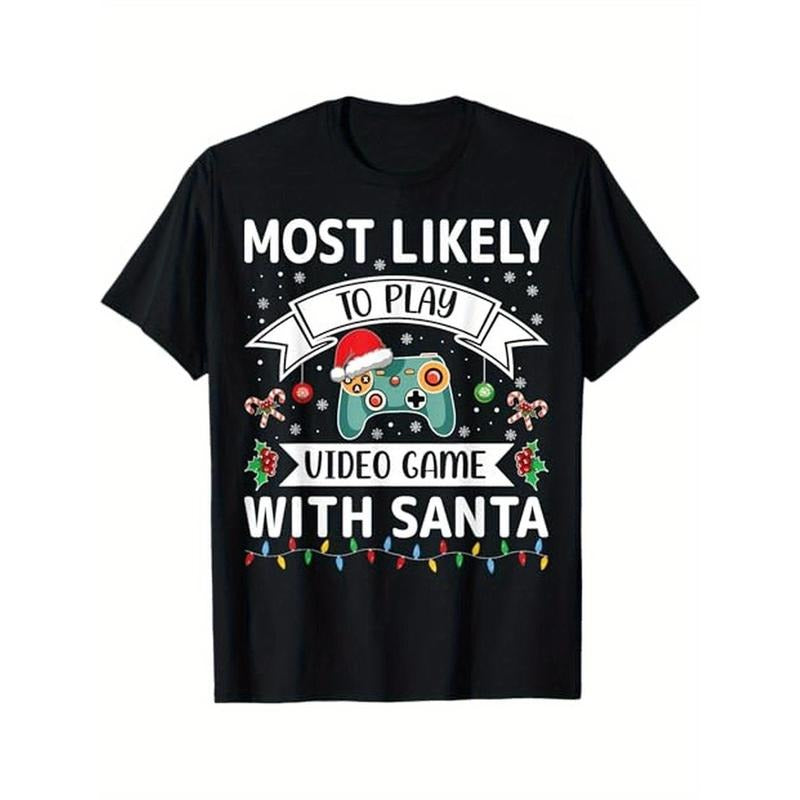 Most Likely To Play Video Game With Santa Funny Family Xmas T-Shirt, 100% Cotton, Gifts for Men Dad Husband Grandpa,...
