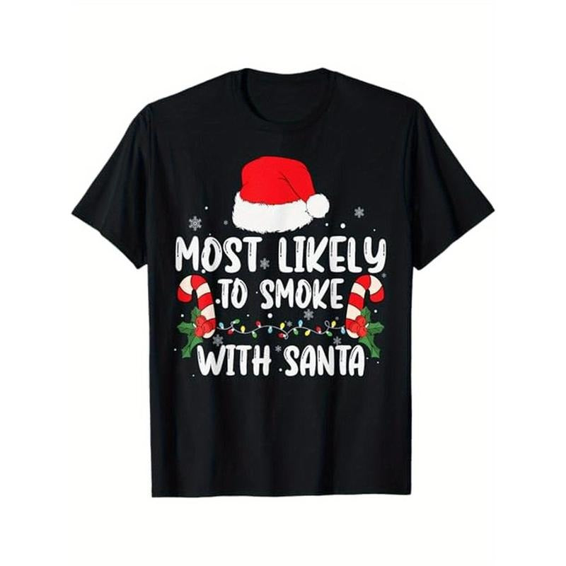 Most Likely To Smoke With Santa Xmas Lights Funny Christmas T-Shirt, 100% Cotton, Gift for Men Women Dad Mom Friends,...