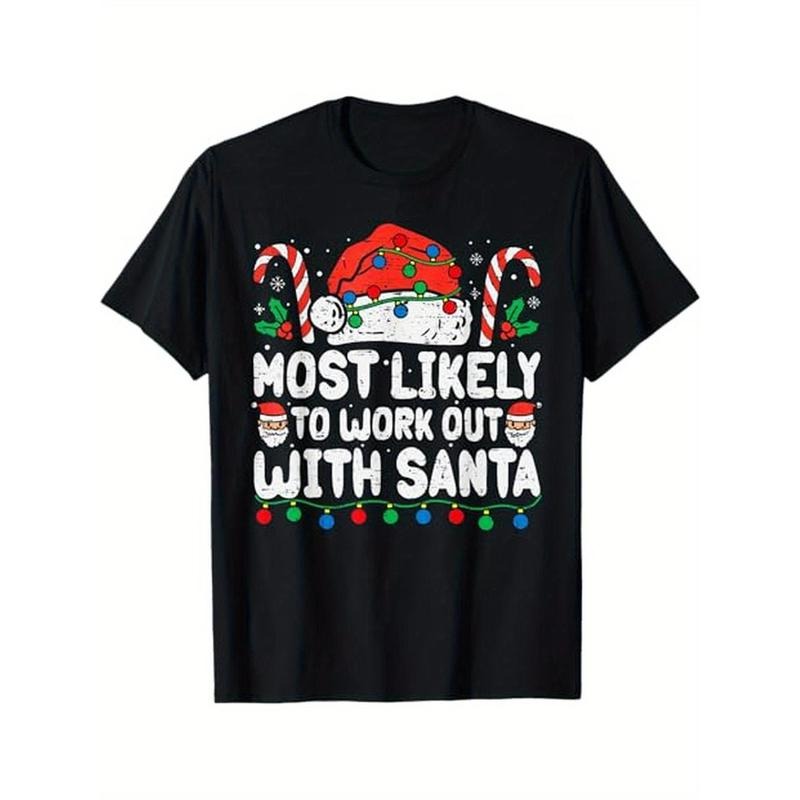 Most Likely To Work Out With Santa Christmas Xmas Funny Gym T-Shirt, 100% Cotton, Gifts for Men Dad Husband Grandpa,...