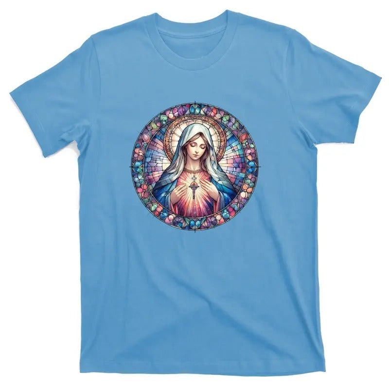 Mother Mary Stained Glass Collection: Heart God Jesus Christ Cross Catholic T-Shirt Hoodie, Sweatshirt | TeeBloomCo.com