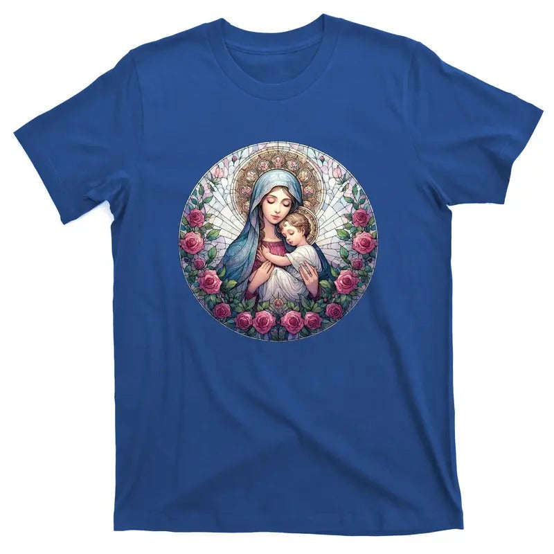 Mother Mary Stained Glass Collection: Roses Mary And Jesus Catholic Christian T-Shirt Hoodie, Sweatshirt | TeeBloomCo.com