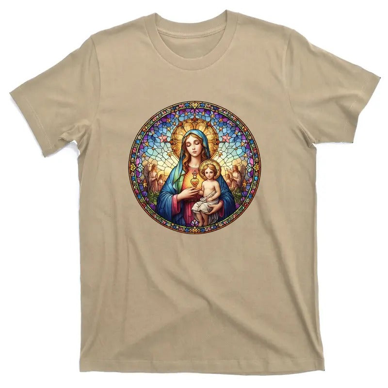 Mother Mary Stained Glass Collection: Sacred Heart Of Mary And Jesus T-Shirt Hoodie, Sweatshirt | TeeBloomCo.com