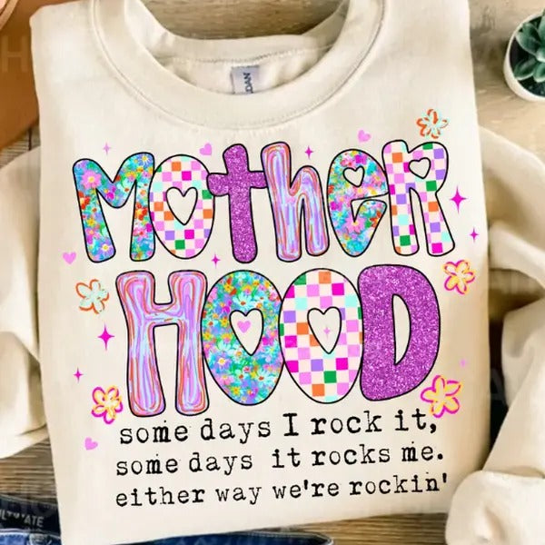 Motherhood Coquette Bow Checker Shirt, Neon Mother hood Shirt, Funny Mom Hoodie, Sweatshirt | TeeBloomCo.com