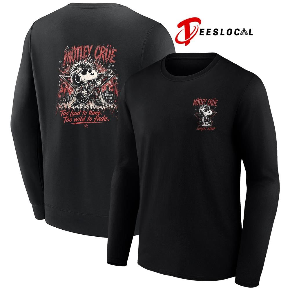 Motley Crue x Peanuts Snoopy sunset strip too loud to tame too wild to fade shirt