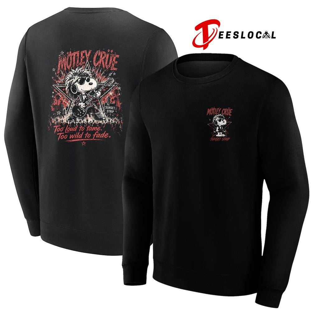 Motley Crue x Peanuts Snoopy sunset strip too loud to tame too wild to fade shirt