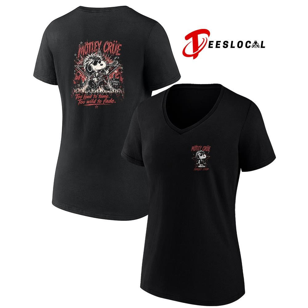 Motley Crue x Peanuts Snoopy sunset strip too loud to tame too wild to fade shirt