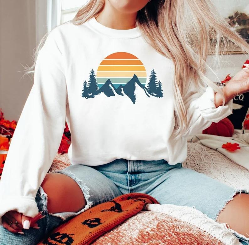 Mountain Sweatshirt, Retro Sunset Aesthetic Sweatshirt, Cozy Sweatshirt, Hiking Sweatshirt Cotton Spandex T-Shirts, Hoodie