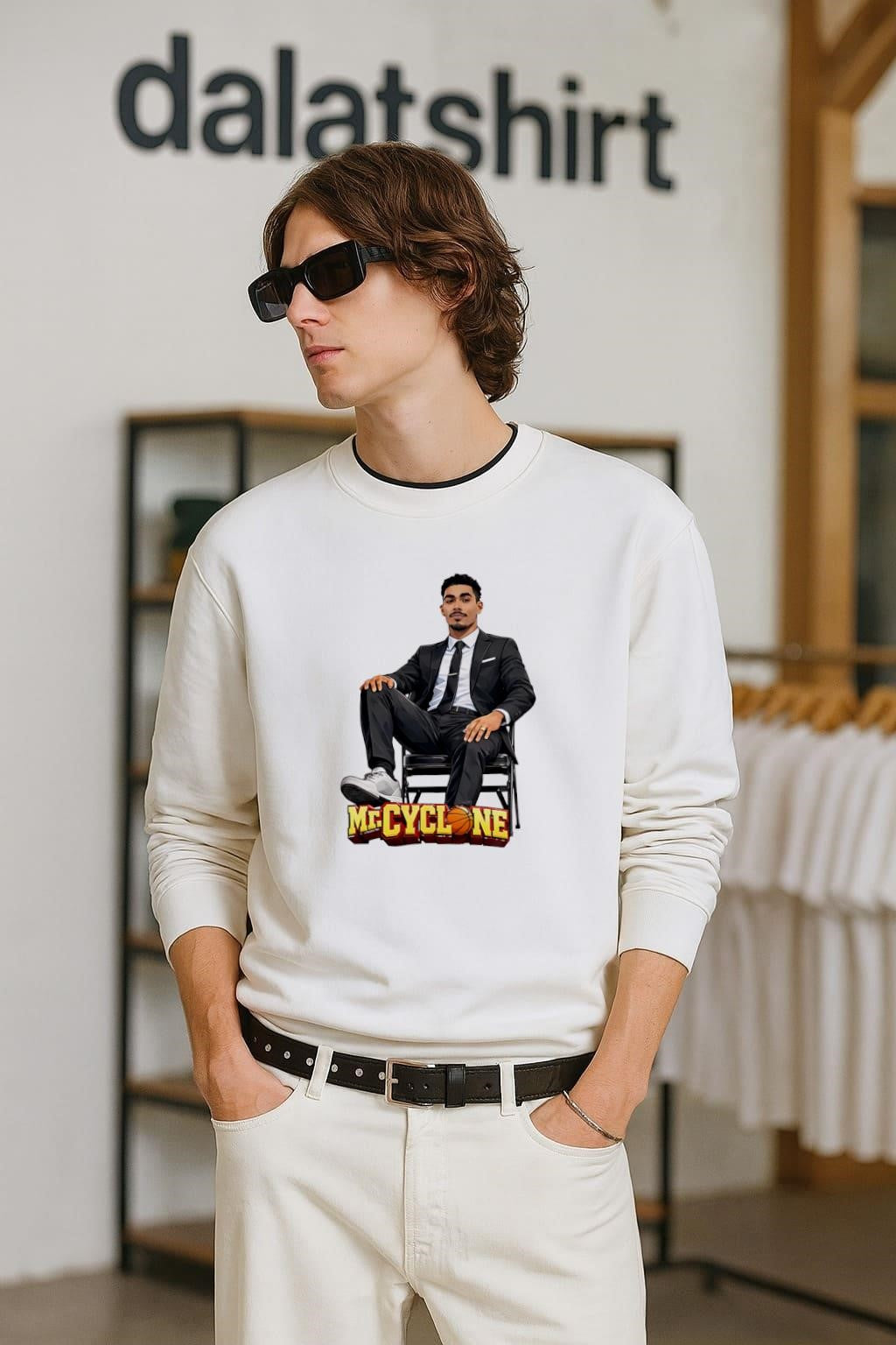 Mr Cyclone basketball player in suit sitting on chair shirt