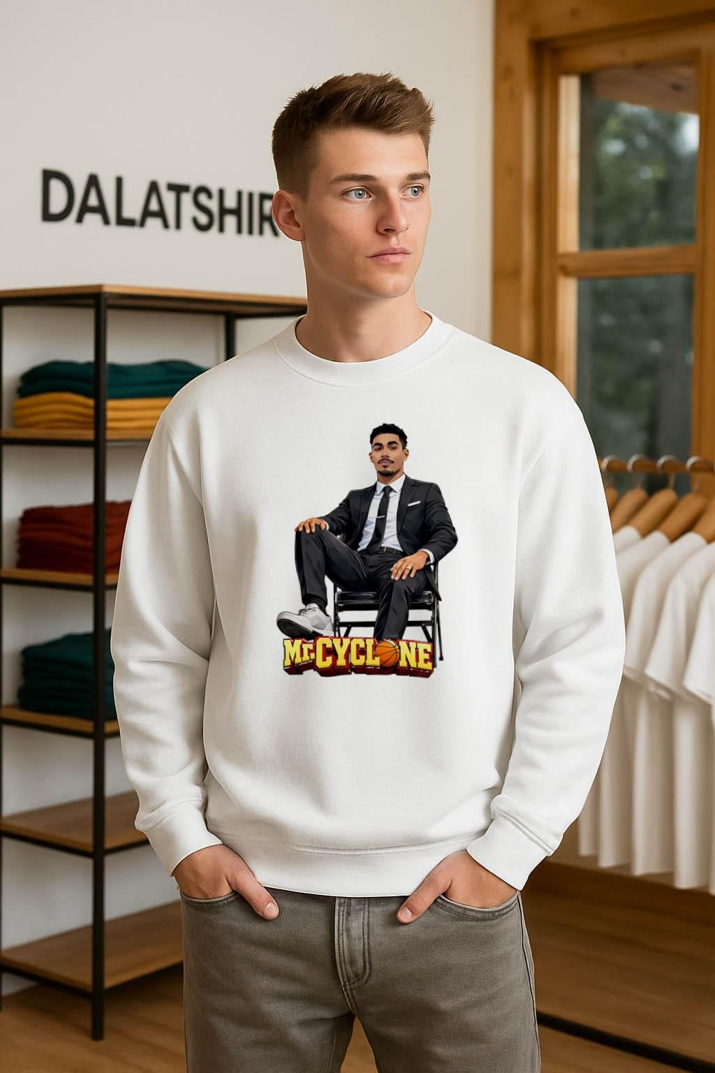 Mr Cyclone basketball player in suit sitting on chair shirt