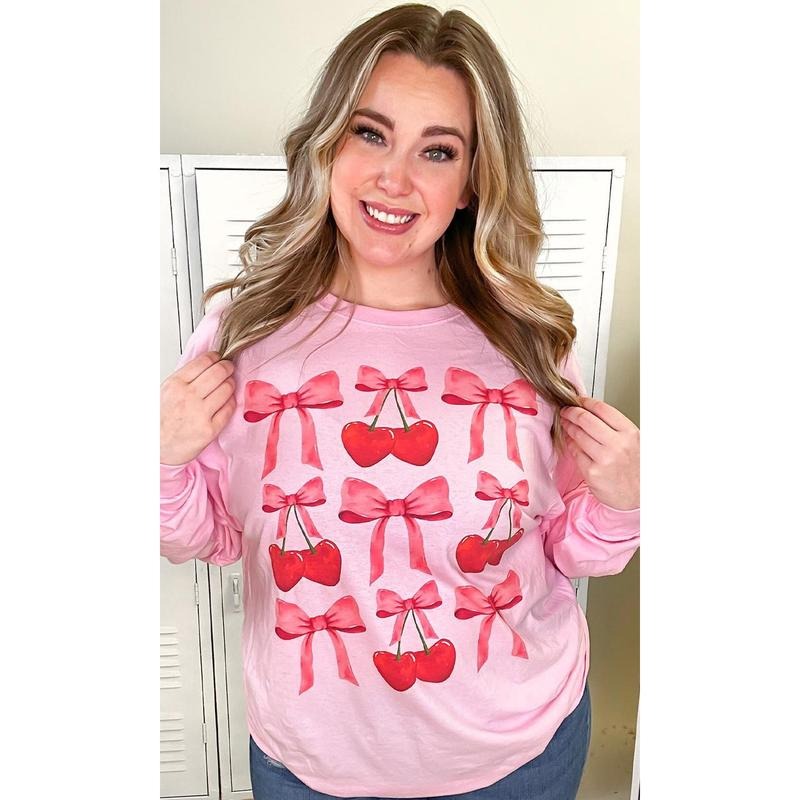 Multi Cherry Bow Long Sleeve Graphic T-Shirt Hoodie, Sweatshirt | TeeBloomCo.com