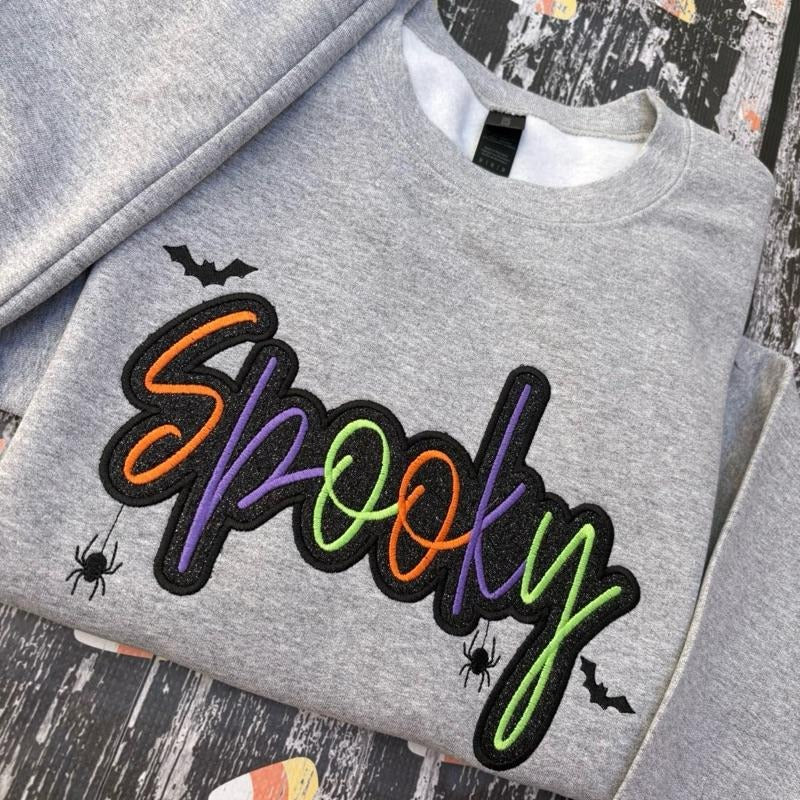 Multicolor Glitter Spooky Season Embroidered Crewneck Sweatshirt T-Shirts, Hoodie | TeeBloomCo.com
