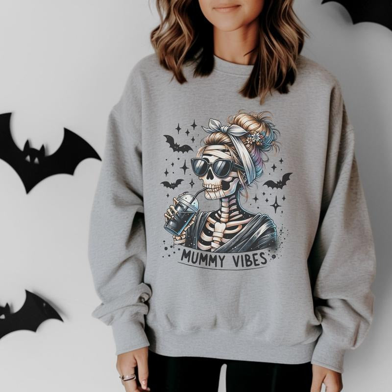Mummy Vibes Sweatshirt - Ash Grey - Halloween Sweatshirt T-Shirts, Hoodie | TeeBloomCo.com