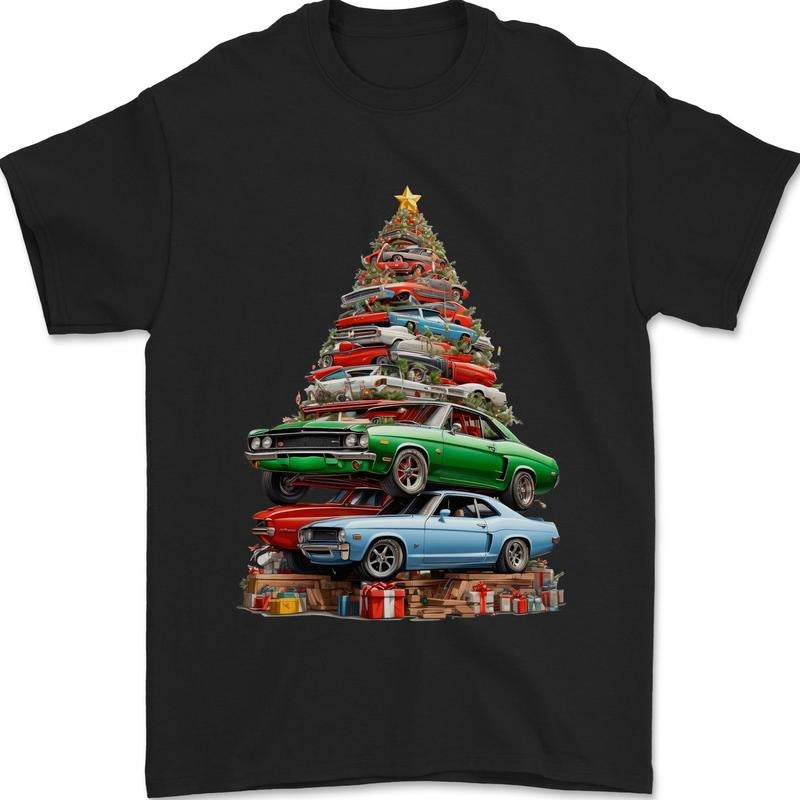 Muscle Car Christmas Tree Xmas Classic Mens T-Shirt Cotton Made in USA Hoodie, Sweatshirt | TeeBloomCo.com