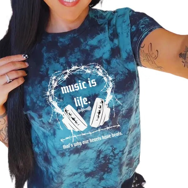 'Music Is Life' Black & Green Tie Dye T Shirt Pullover , Alt, Grunge, Streetwear, Sarcastic, Punk, Cotton, Casual,...