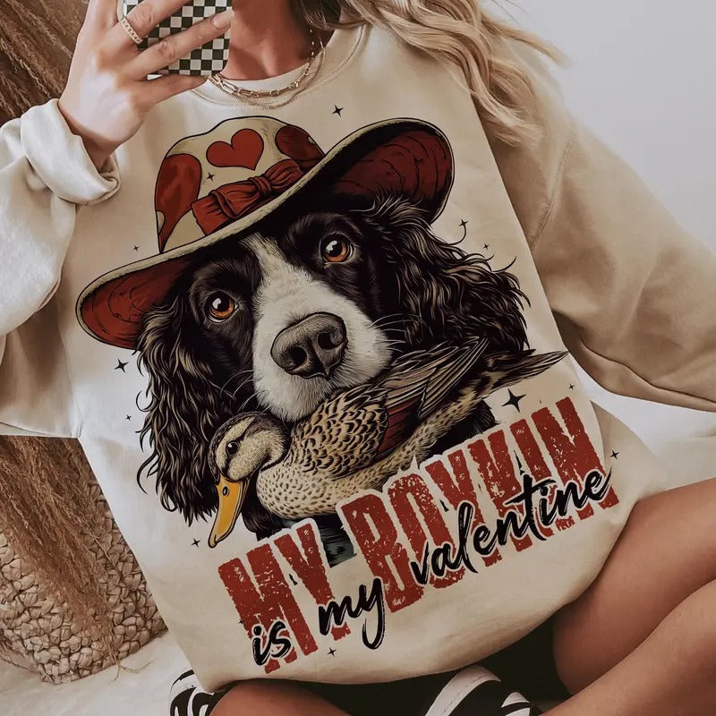 My Boykin is My Valentine Unisex Shirt, Boykin Spaniel Hunting Dog Shirt, Duck Hunting Gun Dog in Camo Tee, Dog Mom Gift...