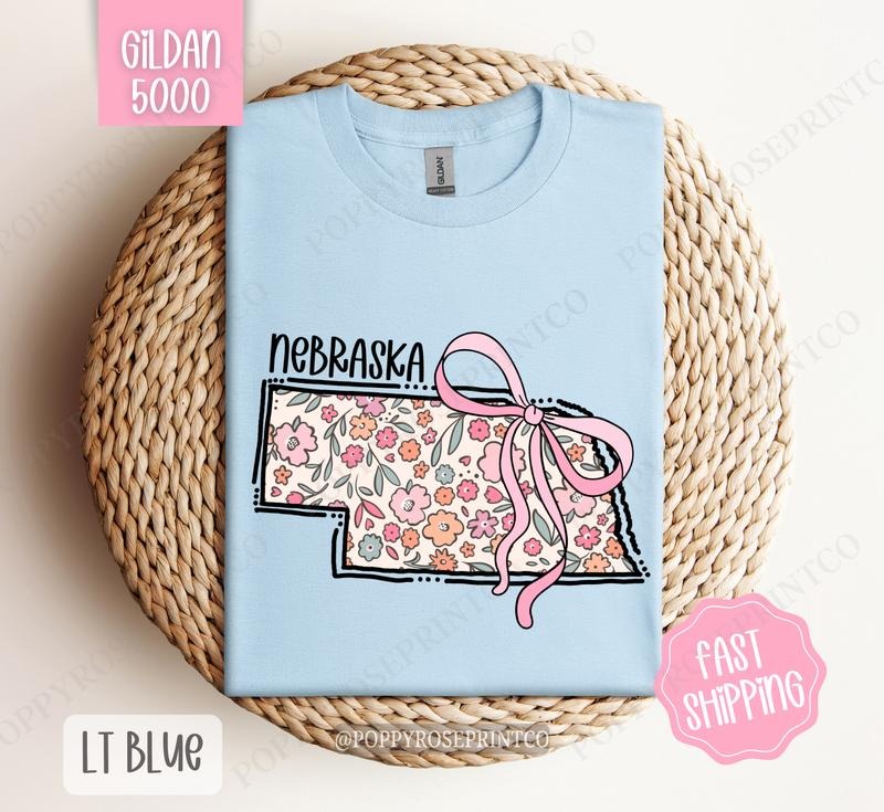 Nebraska Gildan T-shirt, Cute Nebraska State Shirt, Nebraska Floral Bow Tee Hoodie, Sweatshirt | TeeBloomCo.com