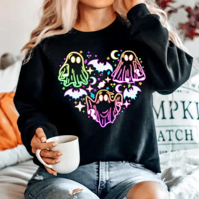 Neon Lights Ghost Sweatshirt, Halloween Ghost Shirt, Bougie Ghost Shirt, Halloween Gifts, Halloween Crewneck, Halloween...