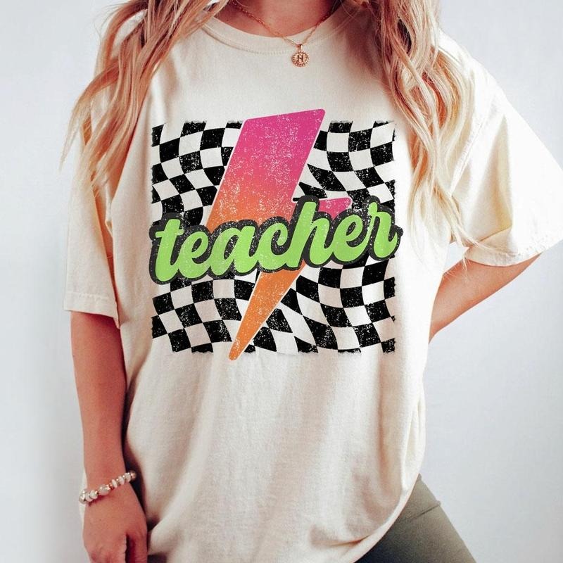 Neon Teacher Shirt, Checkered Teacher Shirt, Lightning Bolt Shirt, Teacher Appreciation Gift, Retro Checkered Teacher...
