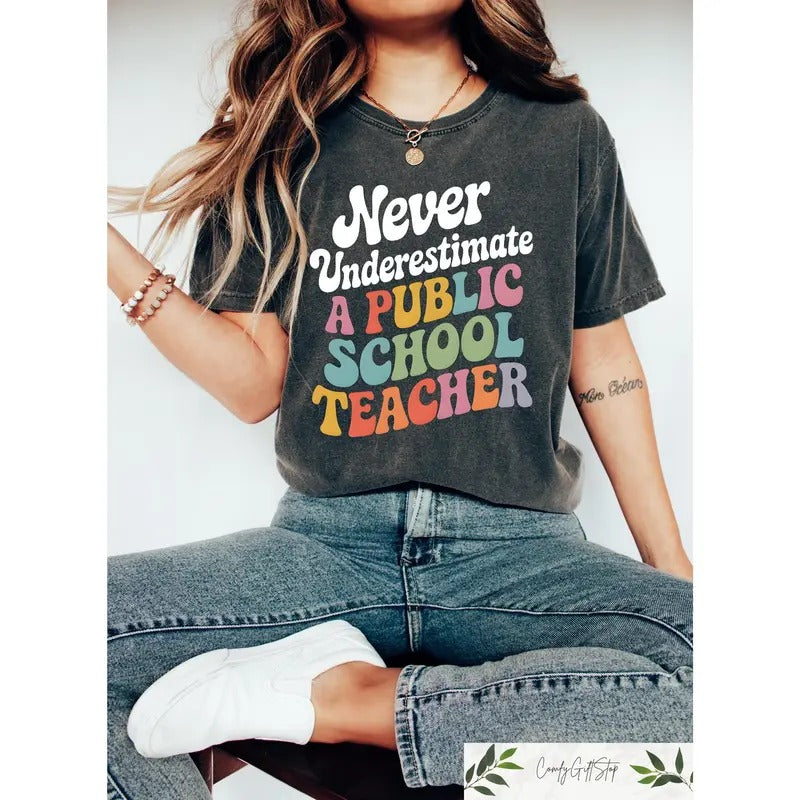 Never Underestimate A Public School Teacher Kamala Harris Shirt, Harris Walz 2024 Rally Tee, Tim Walz DNC Quote...