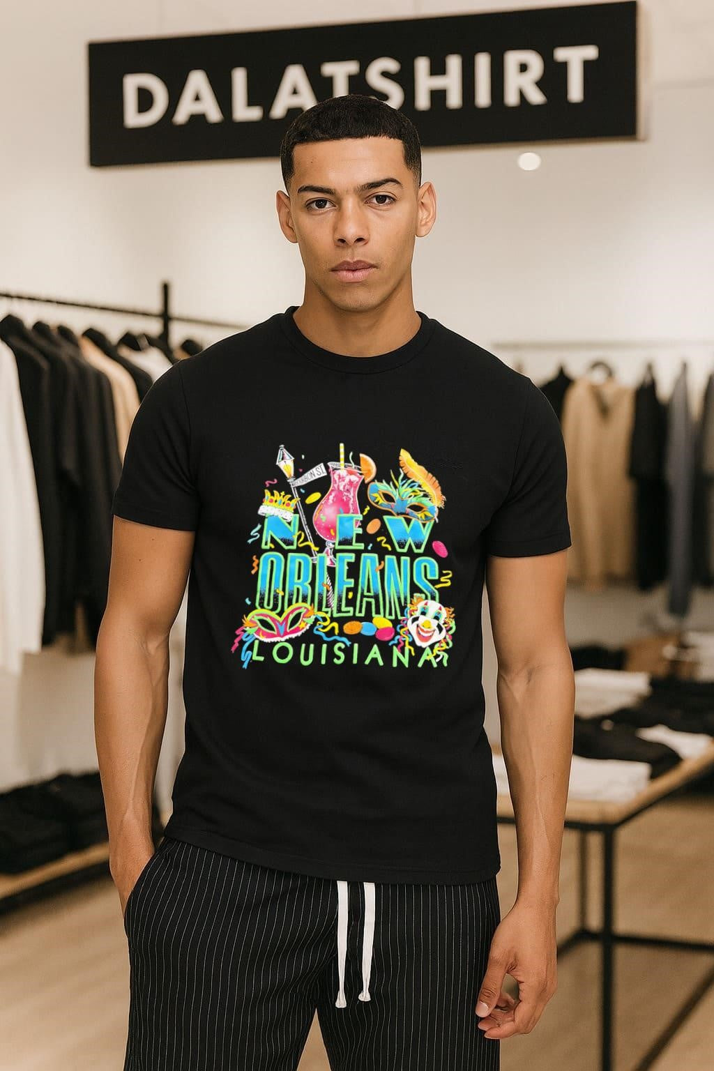 New Orleans Louisiana Bourbon St masks and drink shirt