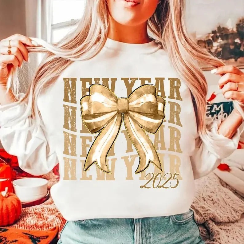 New Year 2025 Yellow Coquette Bow Retro Crewneck Sweatshirt, 2025 Soft Girl Era, Soft Mom, Coquette Bow New Year Tee, New...