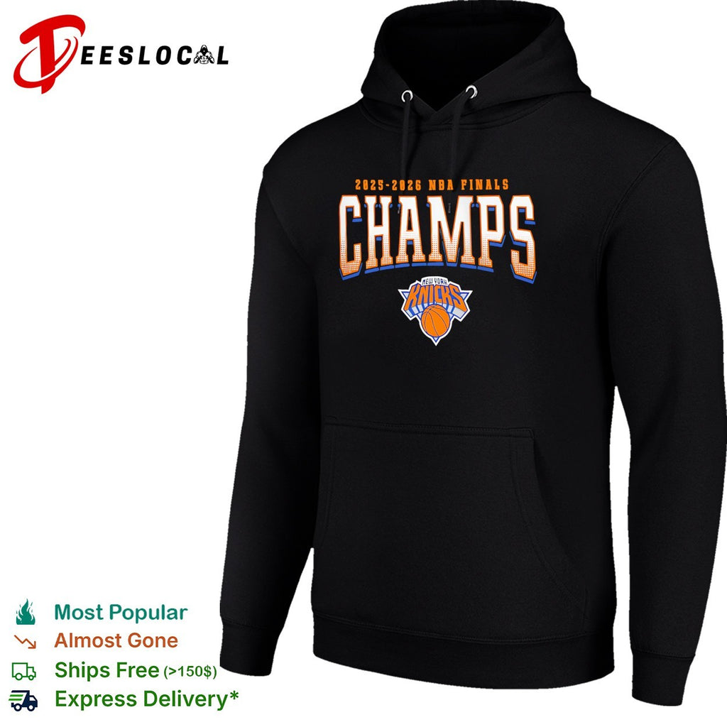 New York Knicks 2025-2026 NBA Finals Champs bold halftone arch text shirt