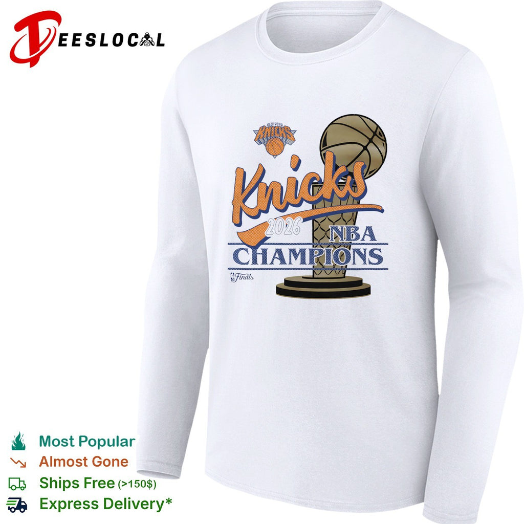 New York Knicks 2026 NBA Champions script trophy pedestal art shirt