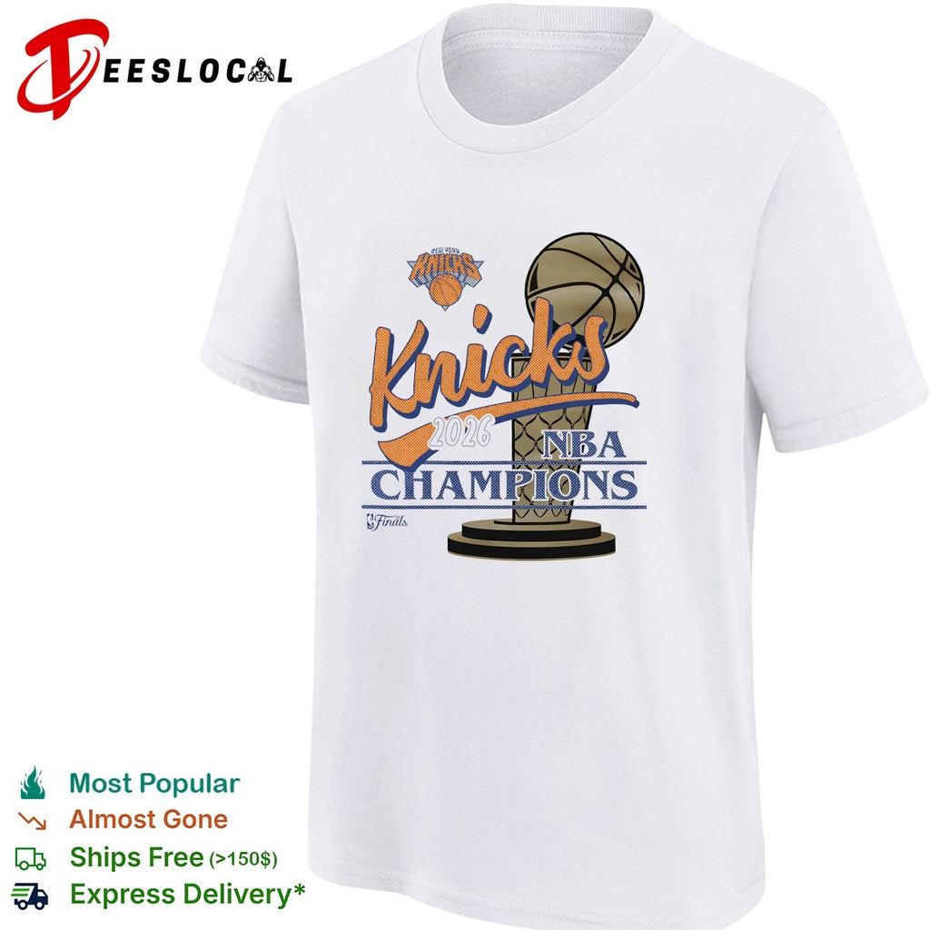 New York Knicks 2026 NBA Champions script trophy pedestal art shirt