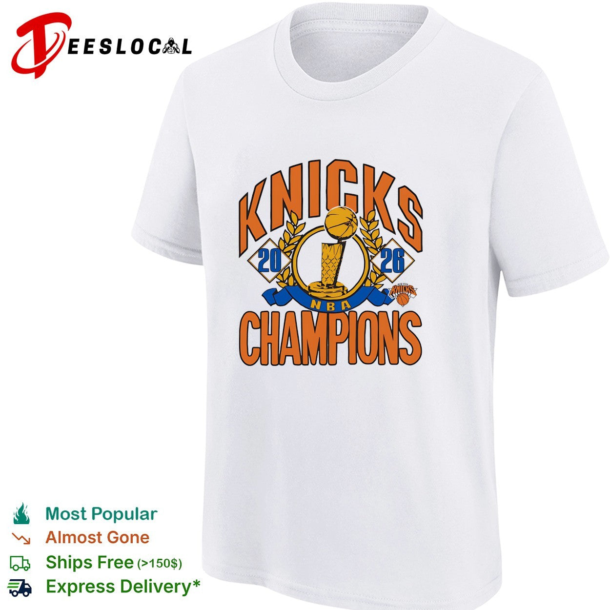New York Knicks 2026 NBA Champions trophy laurel wreath bold arch text shirt