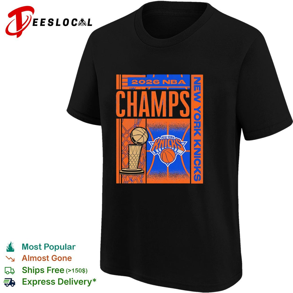 New York Knicks 2026 NBA Champs trophy skyline vertical bold art shirt