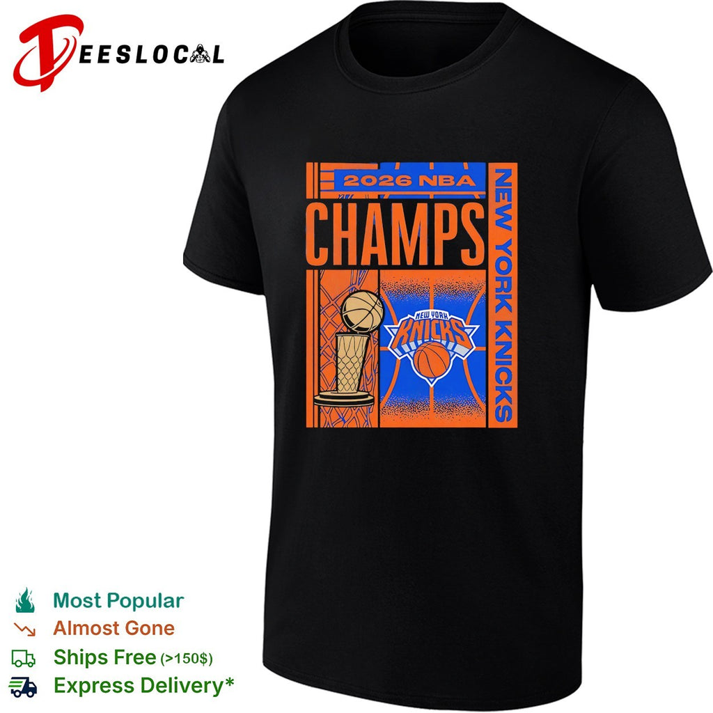 New York Knicks 2026 NBA Champs trophy skyline vertical bold art shirt