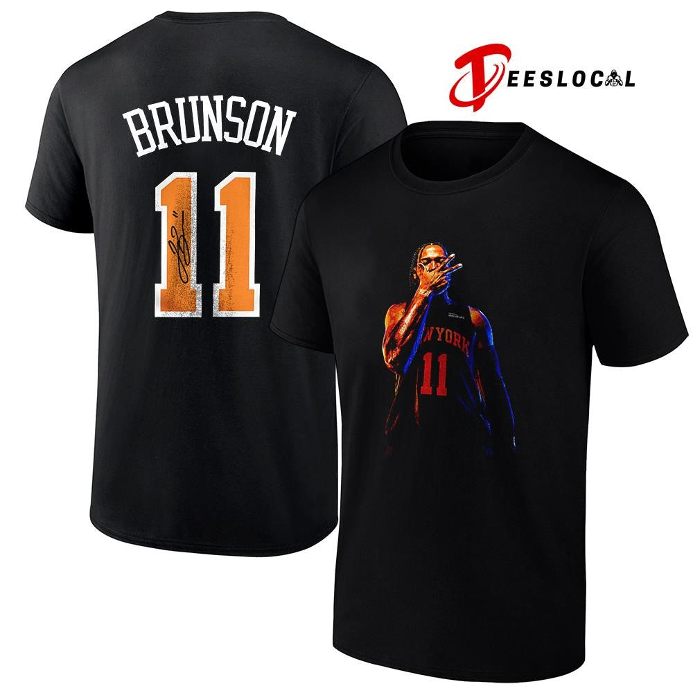 New York Knicks Jalen Brunson 11 name and number pose shirt