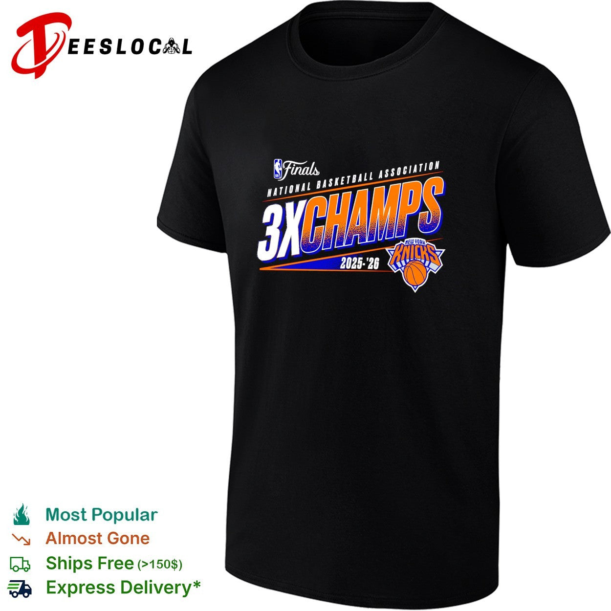 New York Knicks NBA Finals 3X Champs 2025-26 bold text logo shirt