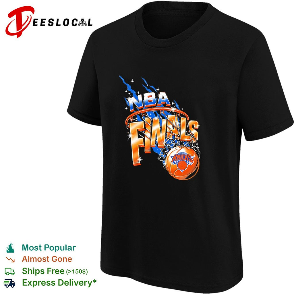 New York Knicks NBA Finals basketball hoop lightning blue orange dark shirt