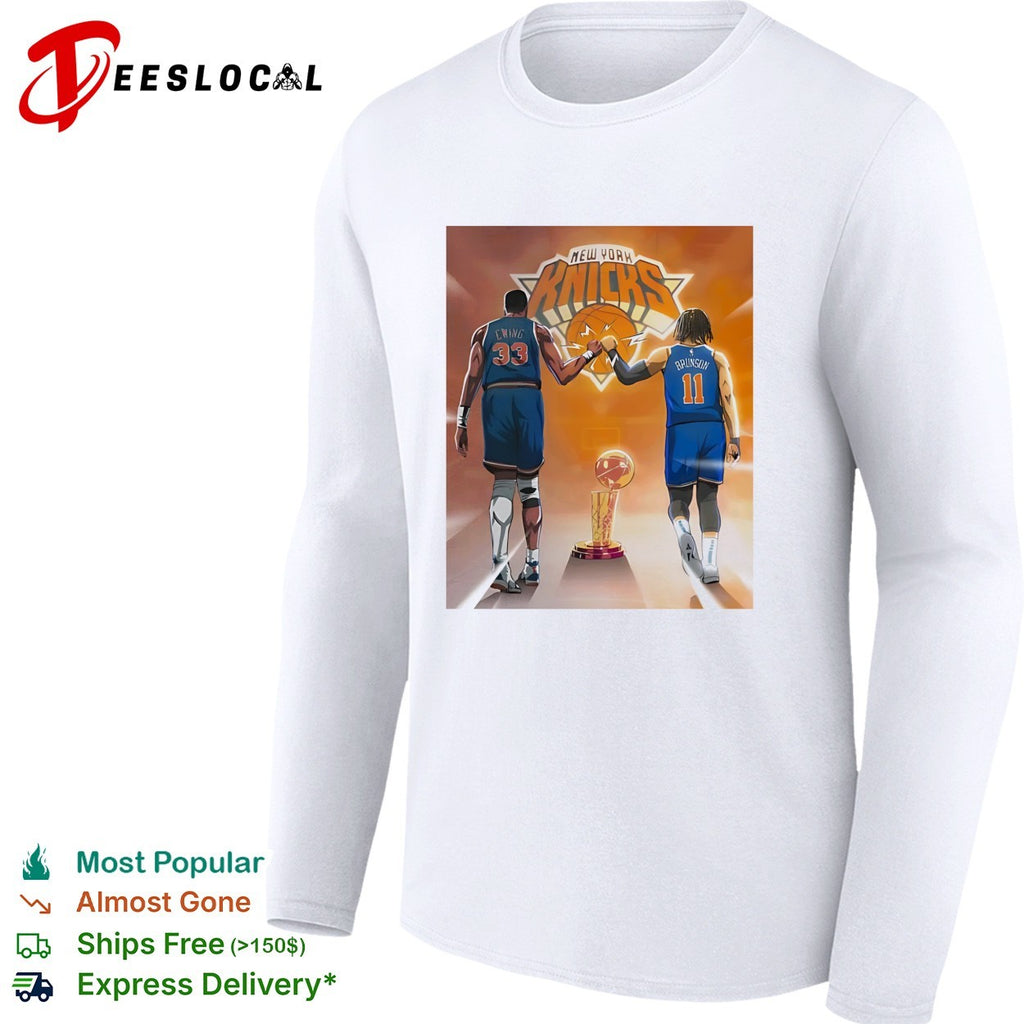 New York Knicks Patrick Ewing and Jalen Brunson walking with championship trophy shirt