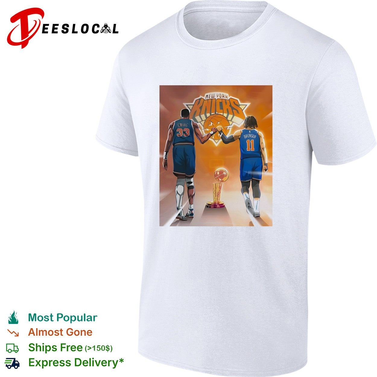 New York Knicks Patrick Ewing and Jalen Brunson walking with championship trophy shirt