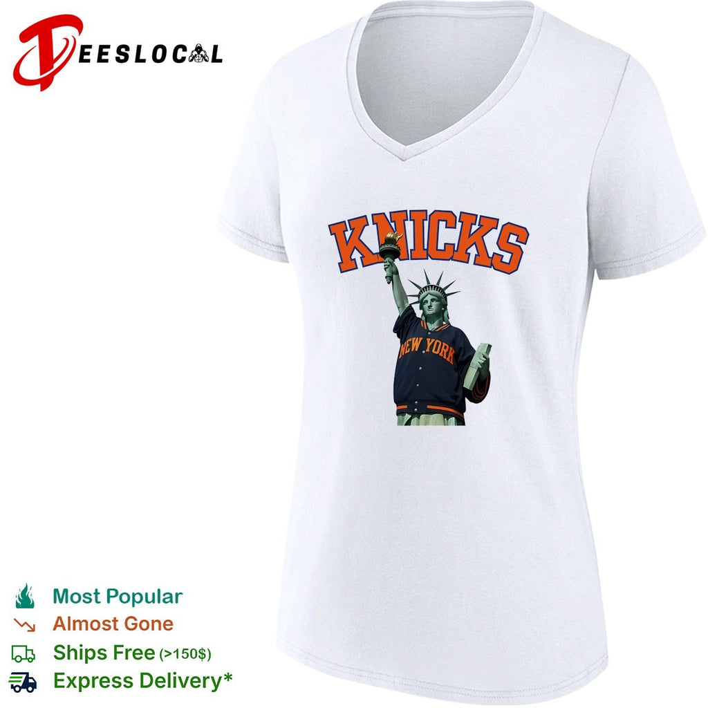 New York Knicks Statue of Liberty wearing varsity jacket bold arch text shirt