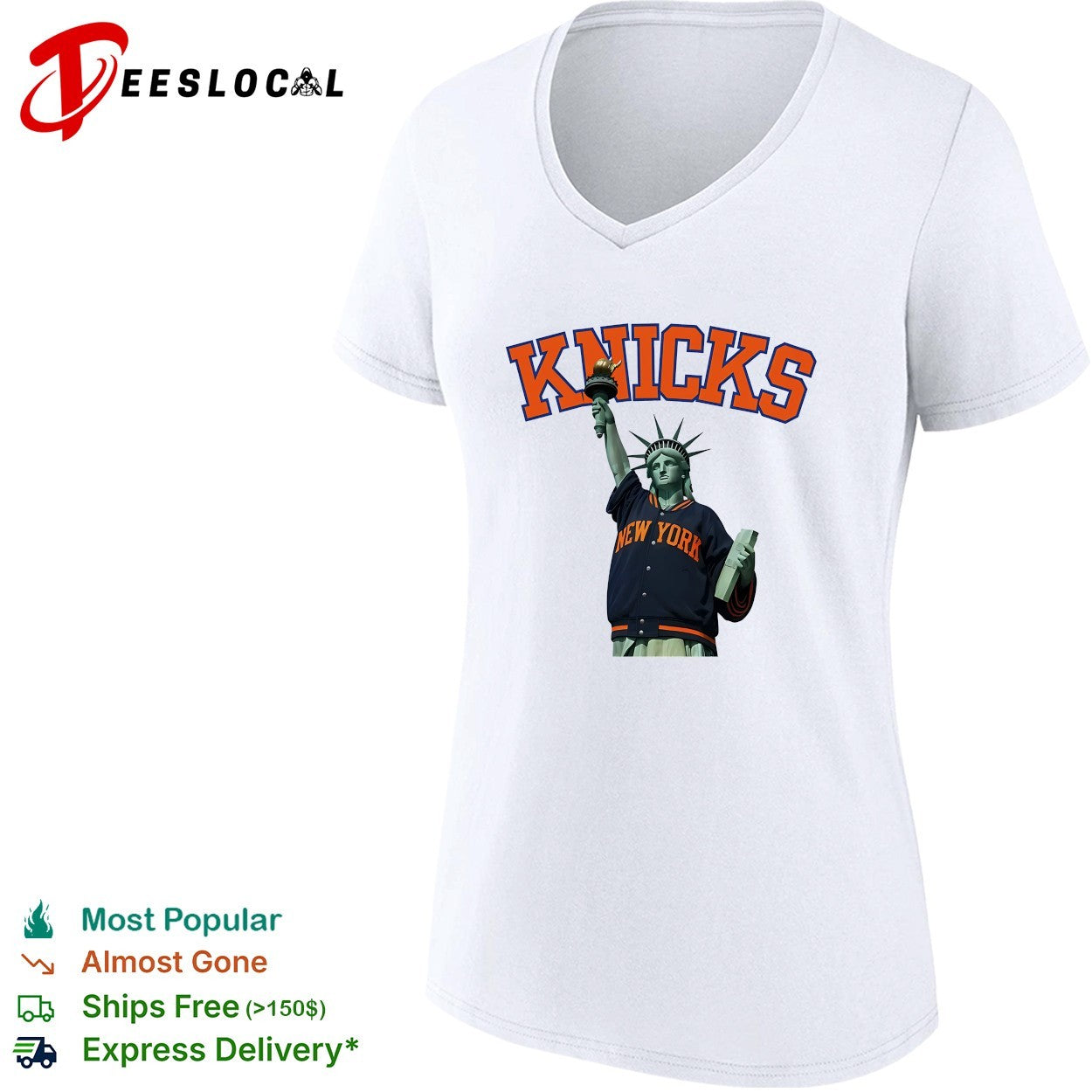 New York Knicks Statue of Liberty wearing varsity jacket bold arch text shirt