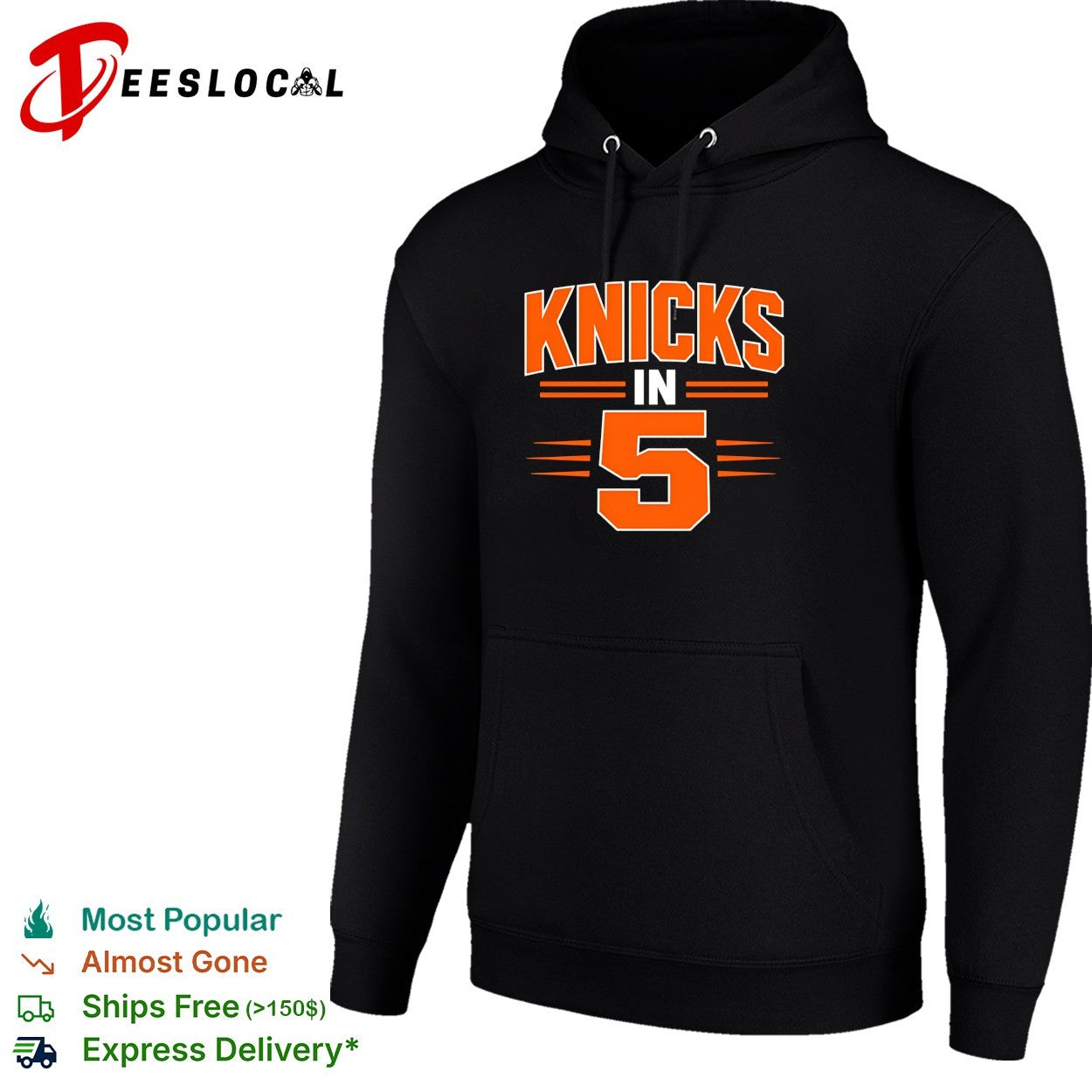 New York Knicks in 5 bold orange typography dark shirt