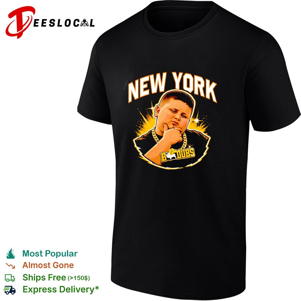 New York kid with chain B Dubs mascot graphic shirt